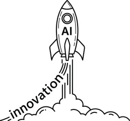 A rocket ship with ai and innovation blasting off into the sky with a trail of smoke and flames