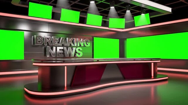 A modern news desk setup with a Breaking News sign, green screen displays, and sleek lighting, designed for a template or advertisement in a television studio.
