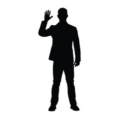 Fototapeta premium Man Waving Hand Silhouette, Male Figure Saying Hello or Goodbye, Friendly Greeting or Stop Gesture Silhouette
