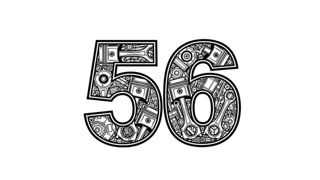 Number 56 Made of Mechanical Parts Gears Pistons Wrench.