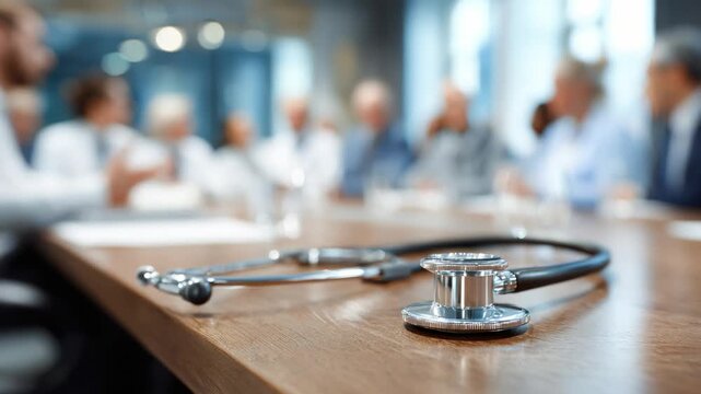 Medical Meeting: A stethoscope rests prominently on a table, symbolizing healthcare and discussion during a medical meeting, with blurred figures engaged in conversation in the background.