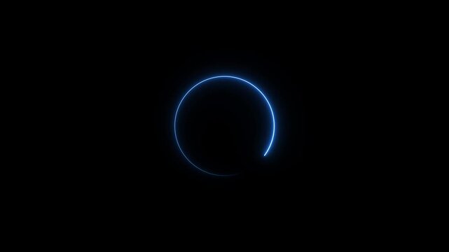 Modern glowing preloader animation and progress loading circle bar on black background. Blue neon charging circle spinning in loop