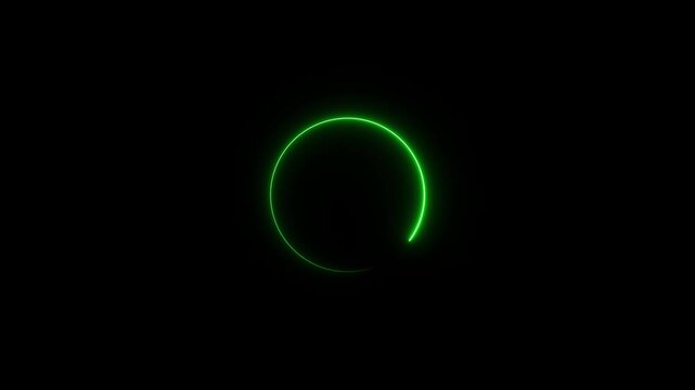 Modern glowing preloader animation and progress loading circle bar on black background. Green neon charging circle spinning in loop