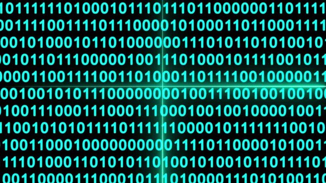 A dynamic, binary code stream creating a visually engaging, futuristic atmosphere in a digital context