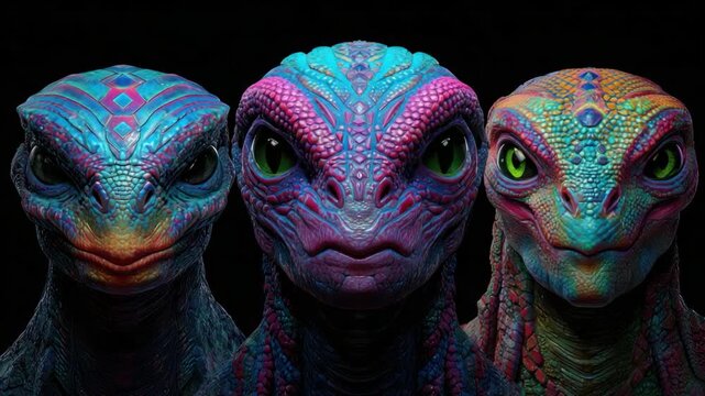 Mysterious Alien Beings: A mesmerizing trio of extraterrestrial entities gazes intently, exuding an enigmatic aura with their vibrant, otherworldly visages. 