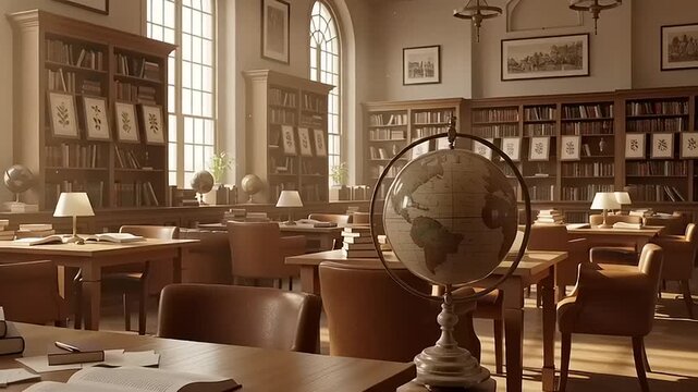 Historic Library Interior with Study Tables and Bookshelves.
