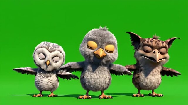 Three adorable, fluffy cartoon owlets with expressive eyes stand side by side against a vibrant green background, showcasing a variety of charming poses and animated movements.