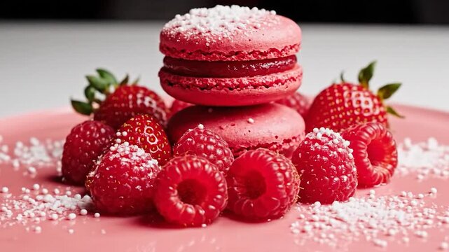 Vibrant red macarons and fresh mixed berries