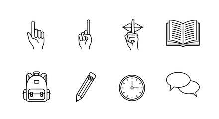 School supplies and learning icons in a simple black and white style