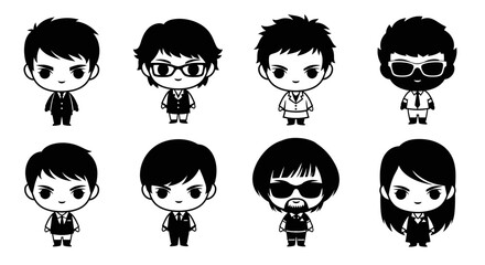 Eight chibi style character illustrations in black and white
