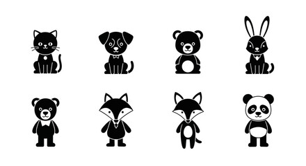 Collection of adorable cartoon animal icons in black and white