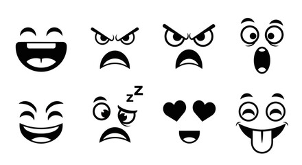 Collection of black and white cartoon face expressions depicting various emotions