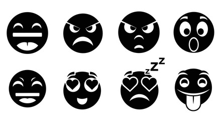 Collection of black and white circular emoticons displaying various expressions