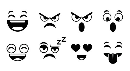 Collection of simple black and white cartoon face expressions and icons