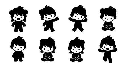 Simple black and white illustration of eight cartoon children in various poses