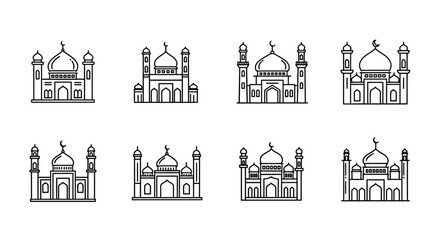 Line art illustrations depicting various islamic mosques and architectural designs