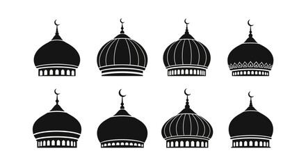 A collection of black silhouette mosque domes with crescent moons