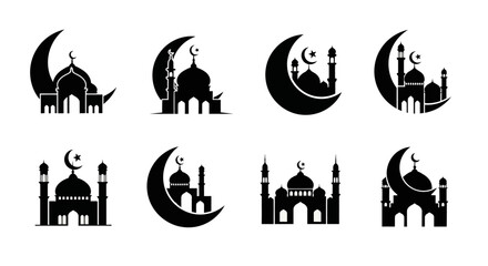 Islamic crescent moon and mosque silhouette designs in black and white