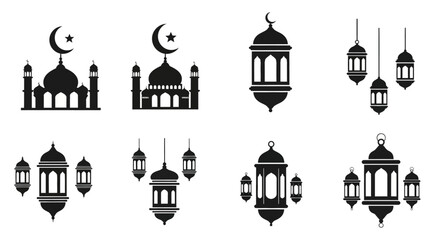 Islamic elements mosques crescent moons and decorative lanterns in black