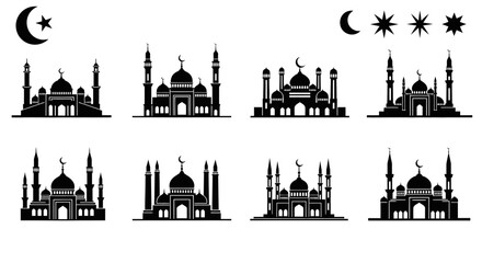 Islamic mosque silhouettes with crescent moons and stars a repeating pattern