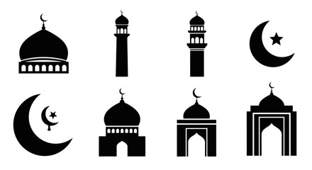 Islamic architectural elements and celestial symbols in black silhouette
