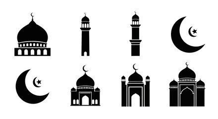 Islamic architectural elements and crescent moons in a black silhouette style