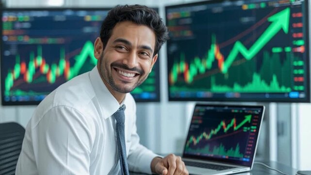 Happy Indian stock broker seeing a bullish market