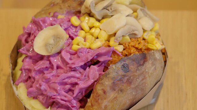 Appetizing Baked Potato Kumpir with Corn, Cabbage, and Mushrooms