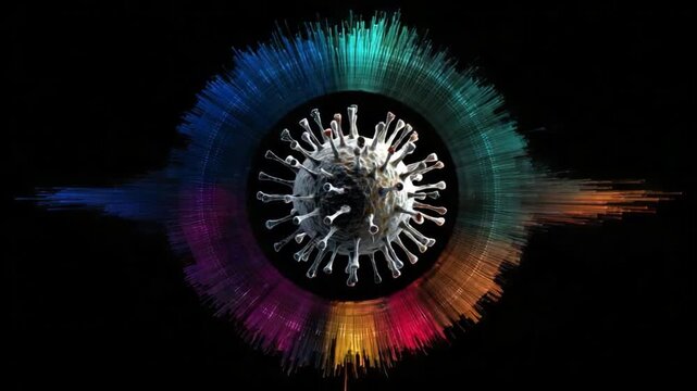 Microbe in Focus: A detailed representation of a virus particle, radiating energy, highlighting the invisible world of microbes and diseases.