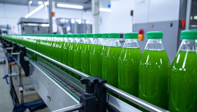 Bottles of green liquid move down a production line, neatly arranged