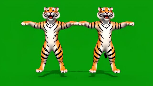 Cartoon tiger character animation on green screen background two angry bengal tigers arms wide open