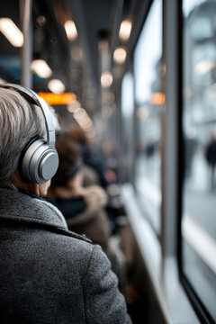 Individual enjoying music with headphones while traveling on public transport, surrounded by blurred passengers, capturing modern urban lifestyle