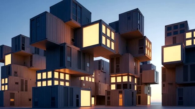Futuristic modular building complex with illuminated windows at dusk.