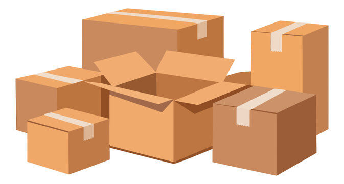 Cartoon style shipping box set featuring closed and open cardboard boxes with tape for packaging, delivery, and moving