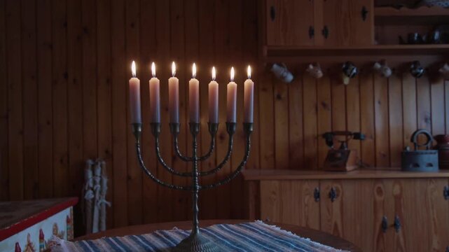 Jewish candelabra with candles during chanuka, in old wooden room.