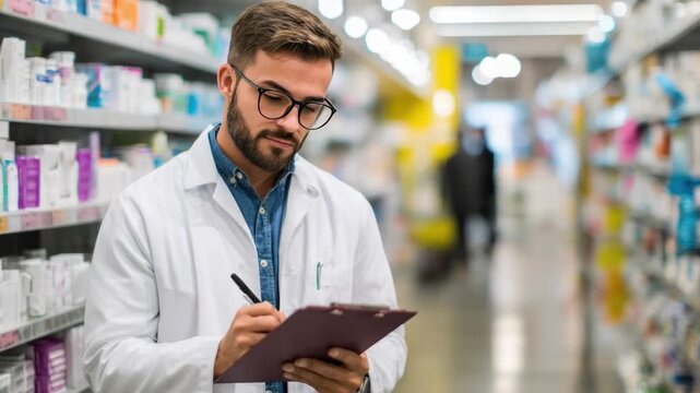 Pharmacy Professional at Work: A focused pharmacy professional meticulously checks inventory in a well-stocked pharmacy, showcasing dedication to healthcare and precise attention to detail.