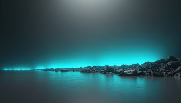Serene Coastal Landscape Under a Turquoise Luminous Sky Reflecting on Calm Water with Textured Rocky Shoreline