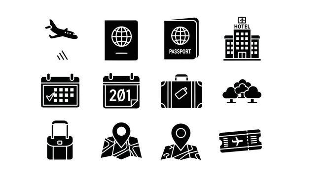 Travel icons including plane passport landmarks and navigation elements