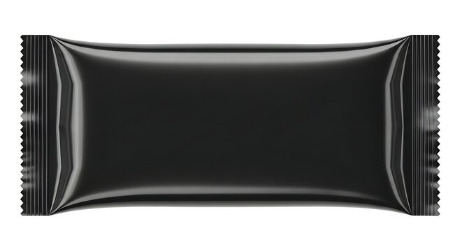 A black plastic wrapper for a snack or candy on a white background