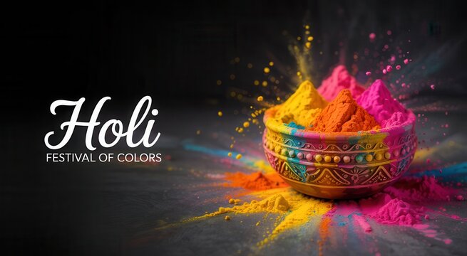 Holi festival of colors celebration with vibrant colored powder in a decorative bowl against a dark background