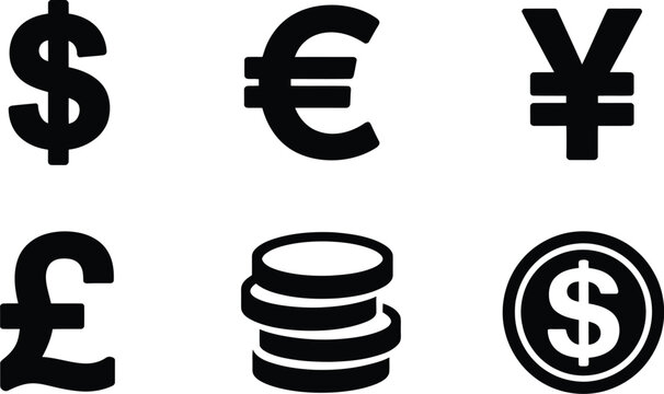 5 finance icons, solid black silhouettes, hand-drawn Illustrator vector style, includes 1) dollar sign, 2) euro sign, 3) pound sign, 4) yen sign, 5) coin stack, uniform style, minimalistic but detaile