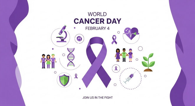 World Cancer Day: Illustration of awareness and support for World Cancer Day, featuring a purple ribbon, DNA strands, medical equipment, and people.