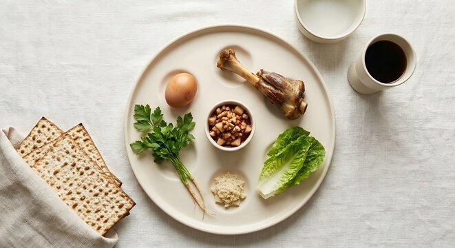 Minimalist modern ceramic Seder plate setup on linen tablecloth for Passover celebration