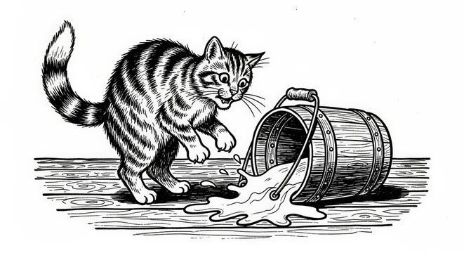 Curious cat knocking over milk bucket.