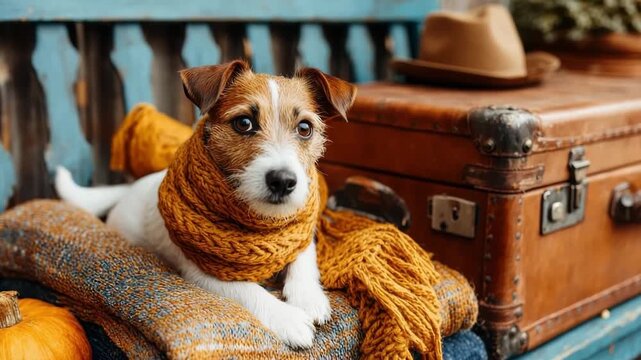 Cute dog in scarf lying on vintage suitcase with pumpkins and cozy autumn decor. Pet Travel Tips for Thanksgiving. Pet-Friendly Thanksgiving Travel Ideas