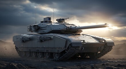 A powerful modern armored combat vehicle stands ready on a rugged battlefield, silhouetted against a dramatic, cloudy sky with a bright sun, symbolizing military might and technological advancement