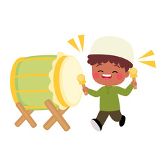Cute boy playing traditional Bedug drum instrument to celebrate Eid Al Fitr