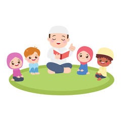 A teacher teaching to Moslem kids while sitting on the floor