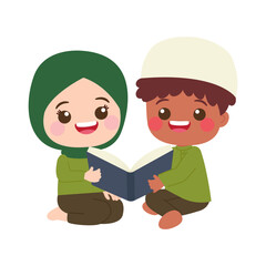 Cute Moslem boy and girl learning and read a book together