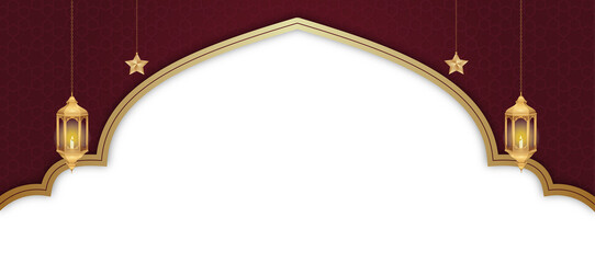 Elegant Burgundy and Gold Islamic Arch Frame with Lanterns